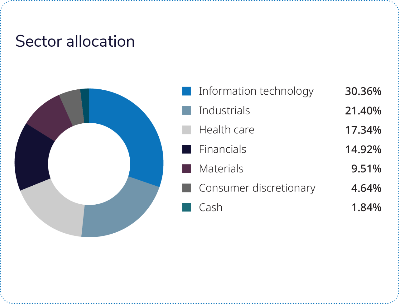 Over three-quarters of the fund is comprised of four sectors: IT, industrials, health care and financials. 
